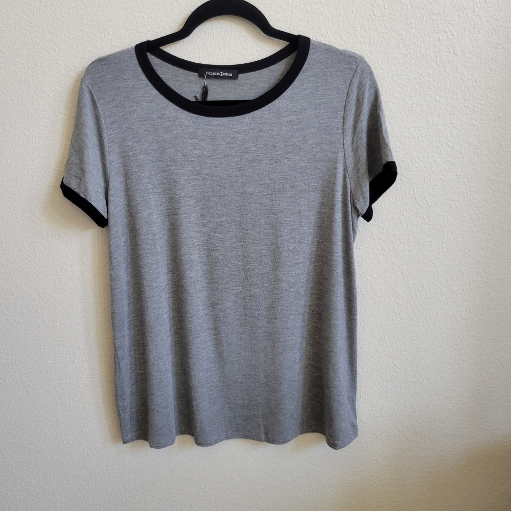 Hippie Chic Ladies Ringer T-Shirt Gray With Black, Rayon Blend NWT Medium